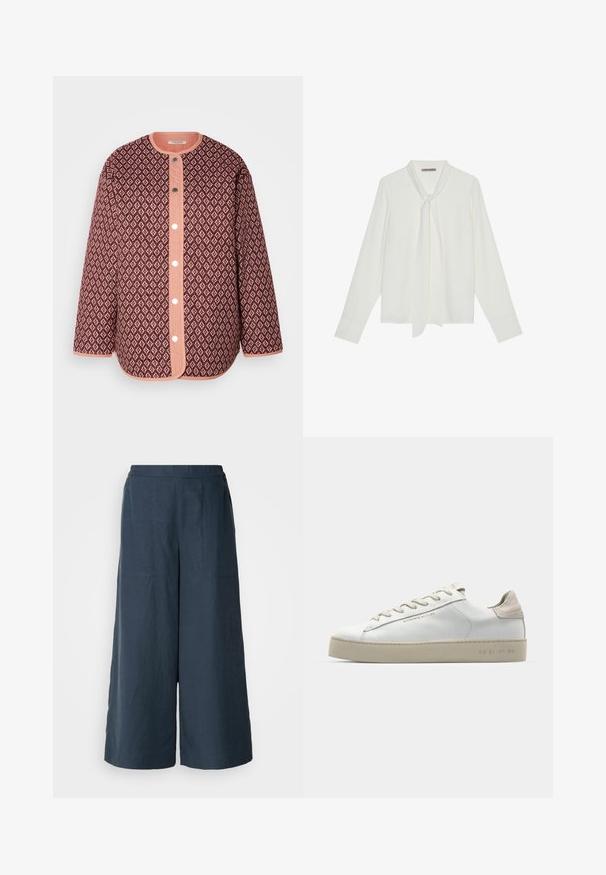 Veste matelassée bordeaux avec un motif en losanges, dotée d'une patte de boutonnage corail, d'un col rond et de manches longues avec bordure unie.; Blouse blanche à manches longues en tissu lisse, avec un nœud au cou et des poignets ajustés. Design simple et classique sans motifs.; Débardeur en coton blanc avec un col large et de fines bretelles. Texture lisse sans motifs ni embellissements visibles.; Pantalons à jambes larges en bleu marine, fabriqués à partir d'un tissu léger. Dotés d'une surface légèrement texturée, d'une taille élastique et de coutures avant.; Sneaker en cuir blanc avec une finition lisse, accents en suède beige, bout arrondi, design à lacets plats et semelle en caoutchouc texturée.