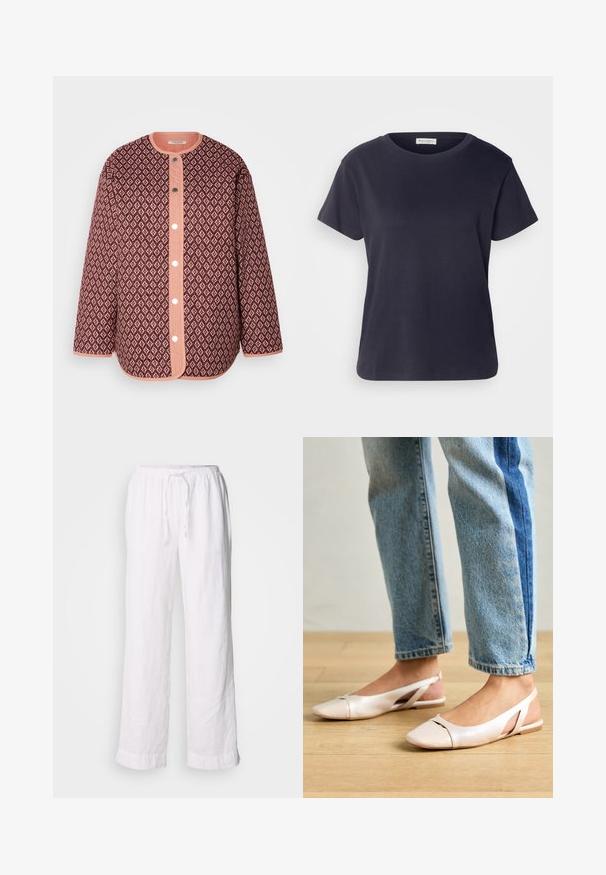 Quilted jacket in burgundy with a diamond pattern, featuring a coral button placket, round neckline, and long sleeves with solid trim.; Navy blue cotton T-shirt with a round neckline, short sleeves, and a relaxed fit. Smooth texture and minimalist design, no visible patterns.; White linen pants with a relaxed fit, elastic waistband, and drawstring. Features straight legs and rolled hems for a casual look.; Pale pink slingback flats with a pointed toe, made from a smooth leather-like material. Features cut-out details at the sides and a flat heel.