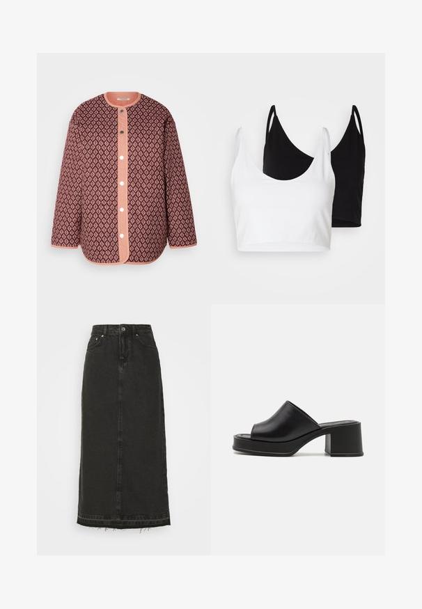 Burgunderfarbene Steppjacke mit Rautenmuster, ausgestattet mit einer korallfarbenen Knopfleiste, einem runden Ausschnitt und langen Ärmeln mit einfarbigem Saum.; Zwei Baumwoll-Crop-Tops in Weiß und Schwarz. Jedes hat einen tiefen Ausschnitt und dünne Träger und verfügt über eine glatte, weiche Textur.; Schwarzer Denim-Midirock mit tailliertem Bund, vorderem Knopfverschluss und ausgefranstem Saum. Verfügt über ein klassisches Fünf-Taschen-Design und eine leichte Textur.; Schwarze Leder Plattform-Mules mit abgerundeter offener Zehe, niedrigem Blockabsatz und glatter Textur. Minimalistisches Design mit eleganten Linien.