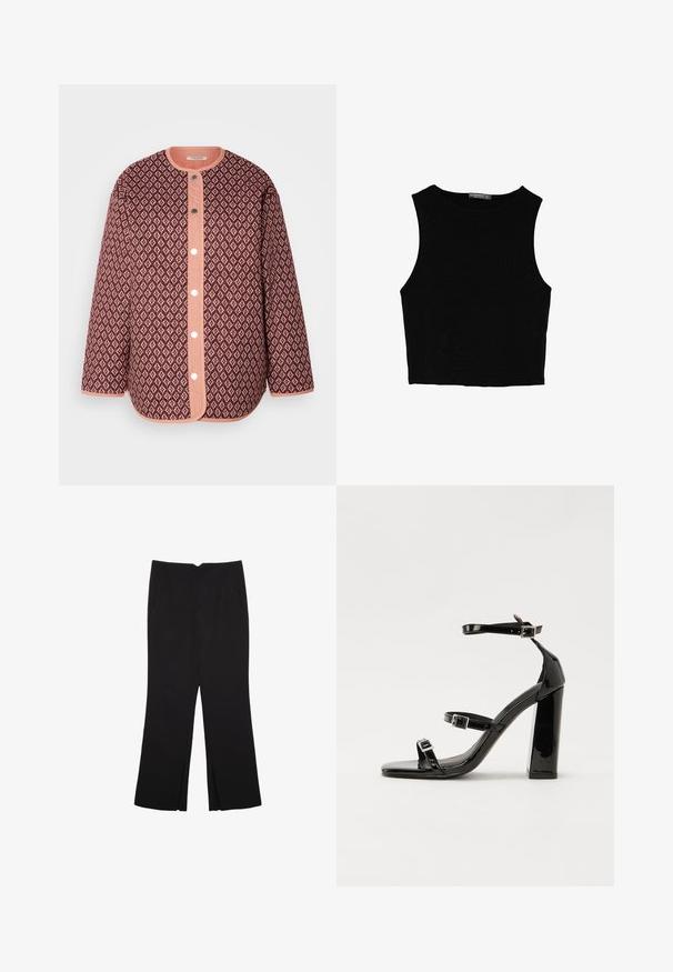Vadderad jacka i vinröd med diamantmönster, som har en korallfärgad knappslå, rund halsringning och långa ärmar med enfärgad kant.; Svart ärmlös crop top i mjukt tyg, med rund hals och en ren, enkel design utan mönster eller detaljer.; Svarta byxor med rak passform, utrustade med framfickor och sidoklyvningar vid fållen. Tillverkade av mjukt, slätt tyg. Lämpliga för olika tillfällen.; Svarta lackerade klacksandaler med fyrkantig tå, ankelremmar och silverfärgade spännen. Har en kraftig blockklack för stabilitet.