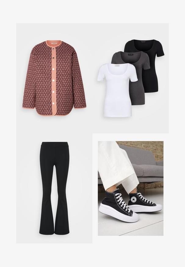 Burgunderfarbene Steppjacke mit Rautenmuster, ausgestattet mit einer korallfarbenen Knopfleiste, einem runden Ausschnitt und langen Ärmeln mit einfarbigem Saum.; Drei figurbetonte T-Shirts in Weiß, Grau und Schwarz. Jedes hat einen weiten Rundhalsausschnitt und kurze Ärmel. Hergestellt aus glattem, elastischem Stoff.; Schwarze, ausgestellte Hosen aus dehnbarem Material mit hohem Bund und glatter Textur. Die Hose weitet sich ab dem Knie.; Schwarze Canvas-Hochtop-Sneakers mit weißen Gummisohlen und Schnürsenkeln. Mit einem runden Logo an der Seite und kontrastierendem weißen Nähten.