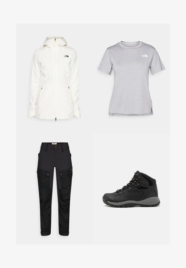 Giacca bianca con cappuccio realizzata in materiale leggero, dotata di zip frontale e due tasche laterali con zip. Logo nero sul lato sinistro del petto.; T-shirt grigio a maniche corte realizzato in morbido tessuto traspirante. Presenta un collo tondo e un piccolo logo bianco nella parte superiore sinistra.; Pantaloni cargo neri realizzati in un tessuto resistente, con numerose tasche, zip frontale e vita piatta. Dettagli testurizzati sulle ginocchia e ai lati.; Stivale da trekking nero con design a metà altezza, dotato di una tomaia texturizzata, accenti grigi e suola in gomma resistente con tasselli per la trazione.