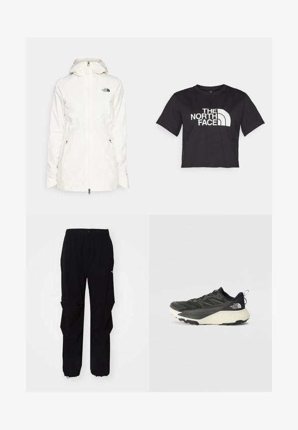 Biela, kapucňová bunda z ľahkého materiálu, ktorá má predný zips a dve bočné vrecká na zips. Čierne logo na ľavej strane hrudníka.; Čierne skrátené tričko z bavlny, s bielym logom s krivkami a textom "THE NORTH FACE" na prednej strane. Krátke rukávy, okrúhly výstrih.; Čierne vonkajšie nohavice vyrobené z odolného materiálu, s voľným strihom, elastickým pásom a sťahovacími manžetami pre nastaviteľnú dĺžku.; Čierna atletická obuv s textúrovaným vrchom, s šedými akcentmi a bielou medzipodrážkou. Obsahuje pútko a výrazné logo značky na päte.