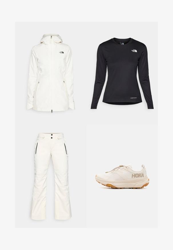 Fehér, kapucnis dzseki könnyű anyagból készült, elöl cipzárral és két oldalsó cipzáras zsebbel rendelkezik. Fekete logó található a bal mellen.; The North Face SHADOW LONG SLEEVE - Hosszú ujjú felső - black; Fehér sí nadrág sima textúrával, két cipzáras oldalsó zsebbel, a derékon két gombbal és enyhén bővülő láb kialakítással.; HOKA TRANSPORT - Túracipők - eggnog