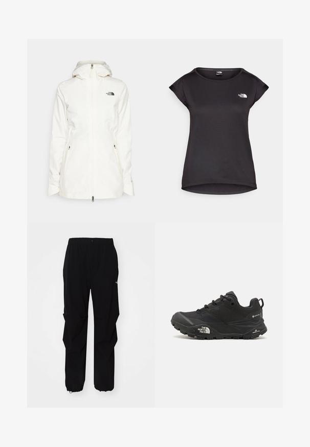 White, hooded jacket made of lightweight material features a front zipper and two side zippered pockets. Black logo on the left chest.; The North Face TANKEN TANK - Sports T-shirt - black; Black outdoor pants made from durable material, featuring a relaxed fit, elastic waistband, and cinched cuffs for adjustable length.; Black hiking shoe with a textured upper, lace closure, and a chunky rubber sole featuring a prominent logo on the side and tread patterns.