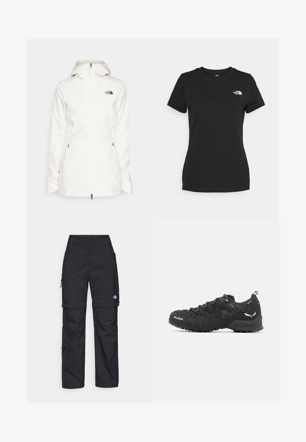 Chaqueta blanca con capucha hecha de material ligero, que presenta un cierre frontal y dos bolsillos laterales con cremallera. Logo negro en el lado izquierdo del pecho.; Camiseta de algodón negra con cuello redondo y mangas cortas. Logo blanco notable en el lado superior izquierdo. Textura suave, ajuste casual.; Pantalones cargo de nailon negro con cremallera desmontable, puños ajustables, múltiples bolsillos y un logotipo en la pierna derecha. Textura suave y ligera.; Zapatos de senderismo negros con una parte superior de tela texturizada, sistema de cordones y suela de goma resistente. Acabados con detalles reflectantes y logotipos.