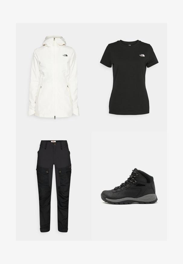 Weiße, kapuzenjacke aus leichtem Material mit einem Frontreißverschluss und zwei seitlichen Reißverschlusstaschen. Schwarzes Logo auf der linken Brust.; Schwarzes Baumwoll-T-Shirt mit Rundhalsausschnitt und kurzen Ärmeln. Auffälliges weißes Logo auf der oberen linken Seite. Glatte Textur, lässige Passform.; Schwarze Cargo-Hosen aus strapazierfähigem Stoff, mit mehreren Taschen, einem Reißverschluss und einem flachen Bund. Mit strukturierten Details an Knien und Seiten.; Schwarzer Wanderstiefel mit einem mittelhohen Design, ausgestattet mit einer strukturierten Oberfläche, grauen Akzenten und einer robusten Gummisohle mit Profilstollen.