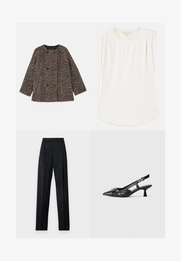 Palton cu imprimeu de leopard, cu un design cu două rânduri de nasturi, nasturi negri și guler rotund. Fabricat dintr-un material texturat, cu mâneci lungi.; Top alb fără mâneci dintr-un material fin, având guler rotund și pliuri subtile pe umeri, cu o linie de tiv curbată.; Pantaloni negri dintr-un material neted, cu talie înaltă, picioare largi, pliuri frontale și loop-uri clasice pentru curea. Fără buzunare laterale vizibile.; Pantofii slingback din piele neagră, cu vârful ascuțit, curele decorative cu ochiuri din metal și toc bloc mic. Suprafață texturată.