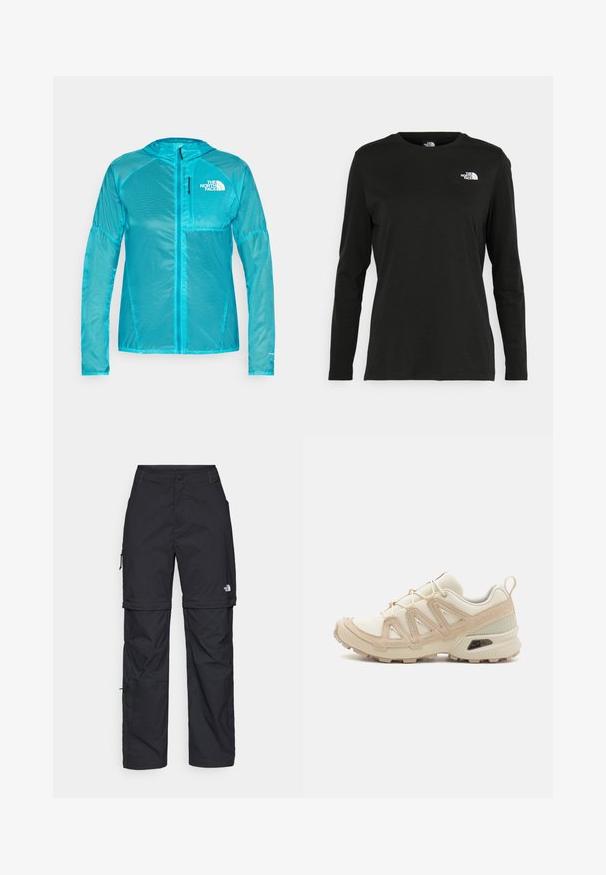Veste légère à capuche de couleur bleu aqua vif, en tissu lisse et réfléchissant. Elle comporte une fermeture éclair avant et un logo sur la poitrine.; T-shirt noir à manches longues en coton avec un col rond. Présente un petit logo blanc sur la partie gauche de la poitrine. Design et coupe simples.; Pantalons cargo en nylon noir, à zip amovible, avec chevilles ajustables, plusieurs poches et un logo sur la jambe droite. Texture lisse et légère.; Baskets de sport beiges et crème avec une tige en mesh texturé, des superpositions de soutien et une semelle en caoutchouc dotée d'un motif de crampons pour une traction.