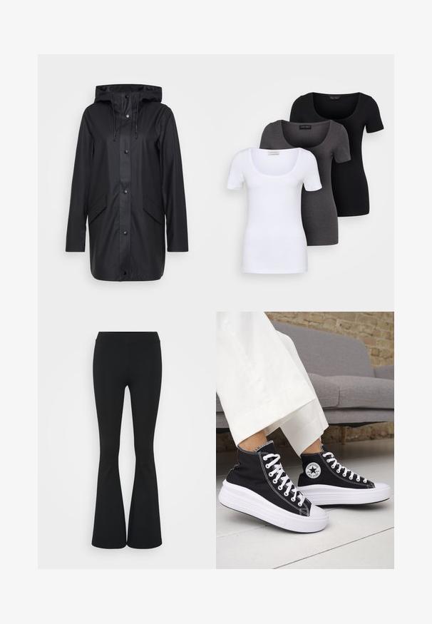 Black waterproof jacket with a hood, snap buttons, two front pockets, and a smooth texture. Features adjustable drawstrings at the hood.; Three fitted T-shirts in white, gray, and black. Each features a wide scoop neckline and short sleeves. Made from smooth, stretchy fabric.; Black flared pants made of stretchy fabric, featuring a high waistband and a smooth texture. The pants flare out from the knee.; Black high-top sneakers with white rubber soles and laces. Features a round logo patch and contrasting white stitching. Canvas material.