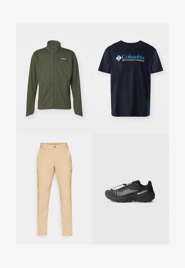 Patagonia WIND SHIELD JACKET - Softshell jakna - pine needle green; Columbia BASIC LOGO™ SHORT SLEEVE - Potiskana majica - black; Bež cagro hlače z gumbom, ozek kroj, stranske žepke in gladko mešanico bombaža. Brez vidnih vzorcev ali akcentov.; Črne trail tekaške copate z teksturirano mrežasto zgornjico, odsevni poudarki, oblazinjen podplat in elastičen sistem vezalk. Logo ob strani.