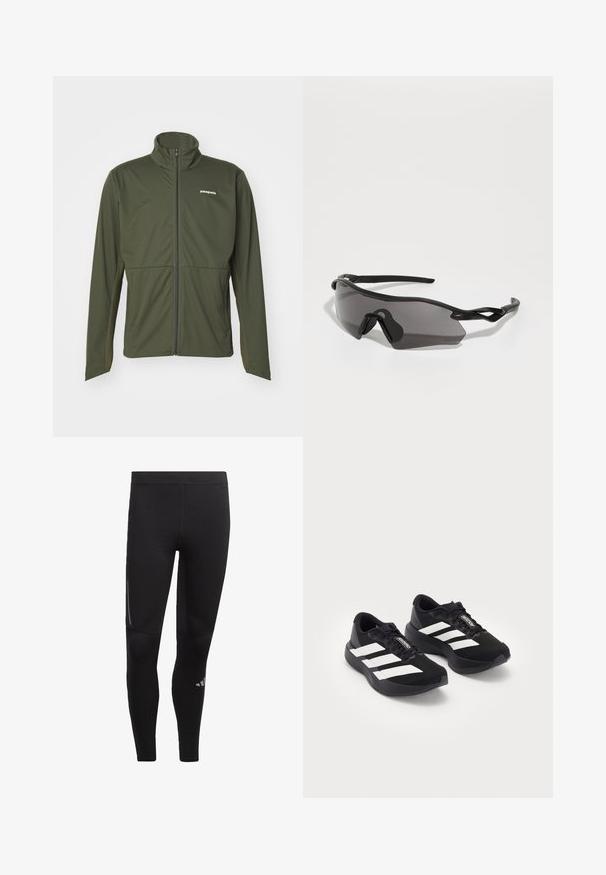 Patagonia WIND SHIELD JACKET - Jachetă softshell - pine needle green; Cămașă neagră cu mânecă lungă, realizată dintr-un material ușor, cu guler rotund, suprafață texturată și logo alb cu trei dungi pe mâneci.; Leggings negri pentru sport din material elastic, cu o talie înaltă, accente reflective și un logo aproape de gleznă. Textură netedă.; O pereche de pantofi de alergare Adidas Adizero negri, cu dungi și șireturi albe, pe un fundal alb, poziționați unul lângă altul.; Ochelari de soare sport cu un cadru complet din plastic negru, lentile întunecate și un design unghiular distinctiv. Brațe flexibile pentru confort.