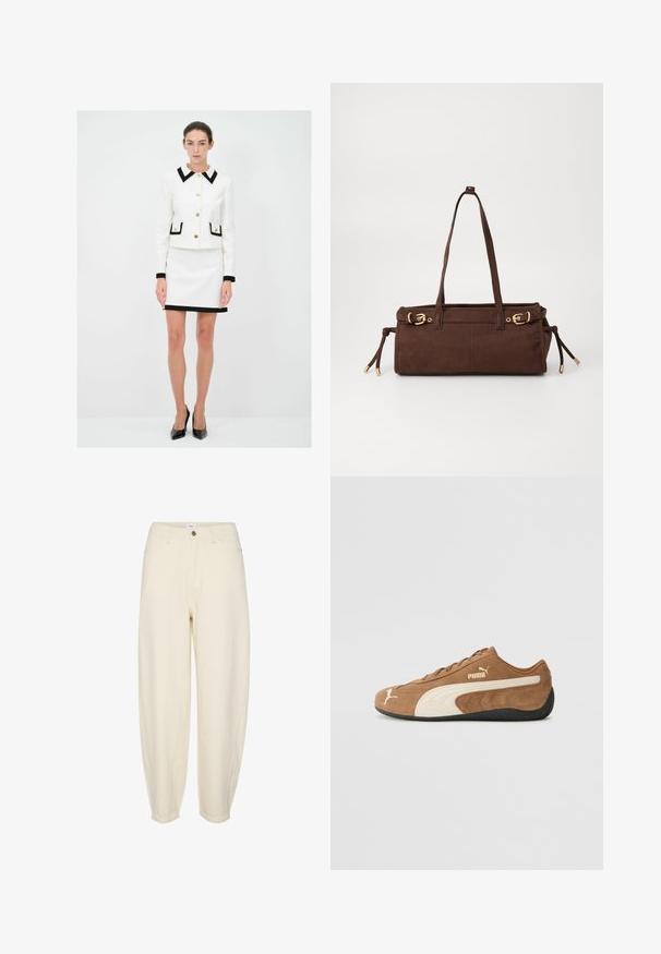 Giacca bianca su misura con dettagli neri, bottoni dorati e due tasche frontali. Abbinata a una gonna bianca coordinata con un bordo nero.; Maglione in maglia beige con collo alto, zip a metà lunghezza e maniche a spalle scese. Presenta orlo e polsini a coste.; Pantaloni in cotone color beige chiaro con vestibilità rilassata, gambe affusolate, tasche frontali e chiusura con bottone singolo in vita.; Sneaker bassa in suede marrone con accenti crema, superficie texture, suola in gomma nera e logo ricamato sul lato e sulla linguetta.; Borsa tote in suede marrone con due manici, dettagli in metallo dorato e lacci laterali regolabili. Presenta una chiusura con zip e una texture liscia.