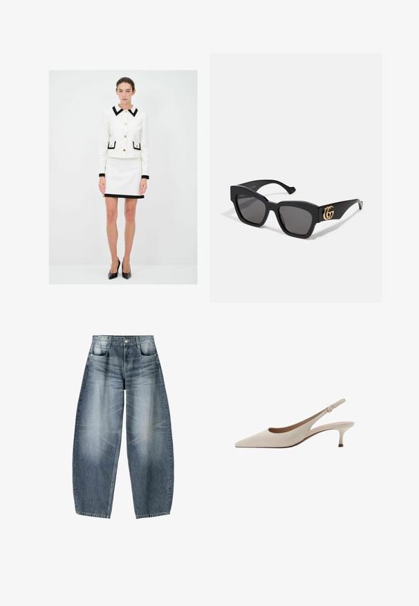 Hvid skræddersyet jakke med sorte detaljer, guldknapper og to forlommer. Matchet med en hvid nederdel med sort kant.; Hvid langærmet kvindetop med bådhals, rynket taljedetalje og let figursyet silhuet.; Bredde jeans lavet af lyseblå denim med falmning, der har et fem-lomme design, knaplukning og minimale syninger.; Beige slingback-hæle med spids tå og en lav, flared hæl. Fremstillet af glat læder med et minimalistisk design og justerbar rem.; Sorte rektangulære solbriller med mørke linser, udstyret med et guld GG-logo på siden. Fremstillet af blank plastik med lige stelarm.
