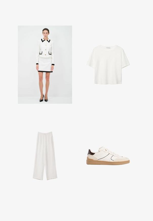 Hvid skræddersyet jakke med sorte detaljer, guldknapper og to forlommer. Matchet med en hvid nederdel med sort kant.; Hvid kortærmet t-shirt lavet af bomuld. Har en rund halsudskæring og en afslappet pasform. Glat tekstur uden synlige mønstre eller detaljer.; Hvide bukser med bred benlængde lavet af et letvægtsstof. Har et elastisk talje med snor og sidelommer. Glat tekstur.; Stradivarius Sneakers - white