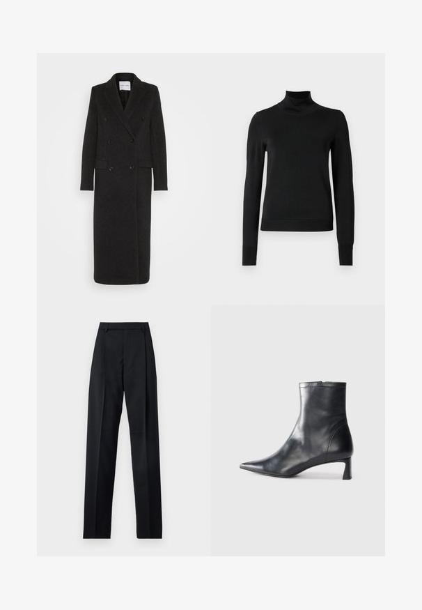 Samsøe Samsøe Klasický kabát - phantom; Černý dlouhý rukáv rolák se žebrovanými manžetami a lemem, vystavený na čistě bílém pozadí.; Černé kalhoty vyrobené z hladké tkaniny, vybavené vysokým pasem, širokými nohavicemi, předními záhyby a klasickými poutky na opasek. Nejsou viditelné boční kapsy.; Černé kožené kotníkové boty s špičatou špičkou a elegantním designem. Mají nízký podpatek a zipové zapínání na zadní straně. Hladká textura.