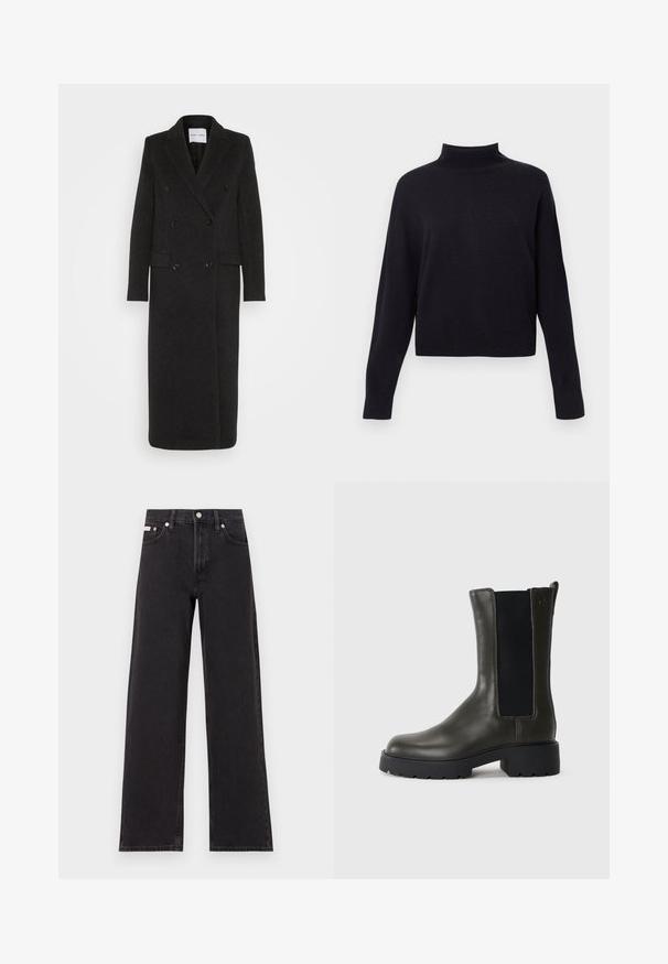 Samsøe Samsøe - Klasyczny płaszcz; Czarny sweter z golfem, z długimi rękawami, wykonany z miękkiego materiału dzianinowego, charakteryzujący się skróconą długością oraz prążkowanym kołnierzem i mankietami.; Czarne dżinsy o szerokich nogawkach, wykonane z denimu, z wysokim stanem, pięcioma kieszeniami oraz metalowym zapięciem z kontrastowym szwem.; Zielone skórzane botki za kostkę z elastycznymi panelami bocznymi, zaokrąglonym noskiem i gumową podeszwą. Posiadają teksturowane wykończenie oraz słupek.