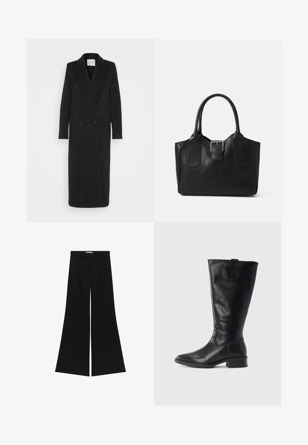 Samsøe Samsøe Manteau classique - phantom; Gestuz MANZI ROLLNECK - Pullover - deep graphite; Pantalons larges noirs avec une taille ajustée, poches avant en biais et une texture lisse. Présente un design épuré et minimaliste.; Botte noire en cuir montant jusqu'au genou avec une texture lisse, bout carré, petit talon bloc et une languette à l'arrière pour un enfilage facile.; Sac fourre-tout en cuir noir avec une texture lisse, une forme structurée, deux poignées et un détail en boucle argentée proéminent à l'avant.