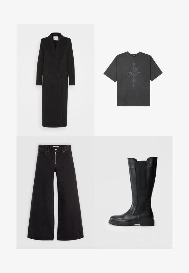 Samsøe Samsøe Casaco clássico - phantom; T-shirt oversized cinza escuro feito de algodão, apresentando um gráfico central do sol com detalhes de linhas intrincadas impressos na frente.; Calças de ganga de perna larga em denim preto com fecho éclair à frente, design de cinco bolsos e detalhes de costura subtil. Textura suave e estilo casual.; Bota de couro preta até ao joelho com painéis laterais elásticos, bico arredondado, sola grossa e pequeno logotipo na parte externa.