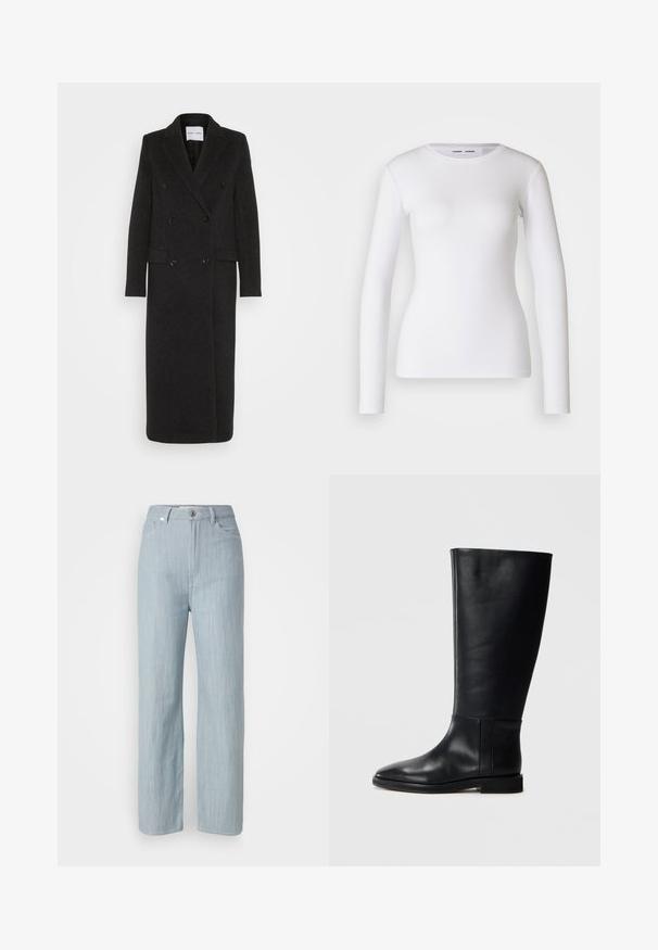 Samsøe Samsøe Classic coat - phantom; White long-sleeve shirt made of ribbed fabric, featuring a round neckline and fitted shape. No patterns or accents are present.; Light blue straight-leg jeans made of denim. Features five pockets, a metal button closure, and subtle whiskering for texture.; Black leather knee-high boot with a rounded toe, smooth texture, minimalistic design, and a flat sole. Simple seam details on the shaft.