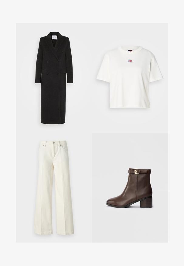 Samsøe Samsøe Klasszikus kabát - phantom; Fehér pamut póló kerek nyakkal és rövid ujjakkal. Kicsi, színes logó címke található a mellkasán piros, kék és fehér részletekkel.; Bőszárú fehér farmernadrág pamut keverék anyagból. Cipzáras záródással, öt zsebes kialakítással és varrással a varratok mentén.; Barna bőr bokacsizma lekerekített orrral, alacsony blokk sarkával és díszes csattal a bokán. Simaság jellemzi és stílusos kialakítással rendelkezik.