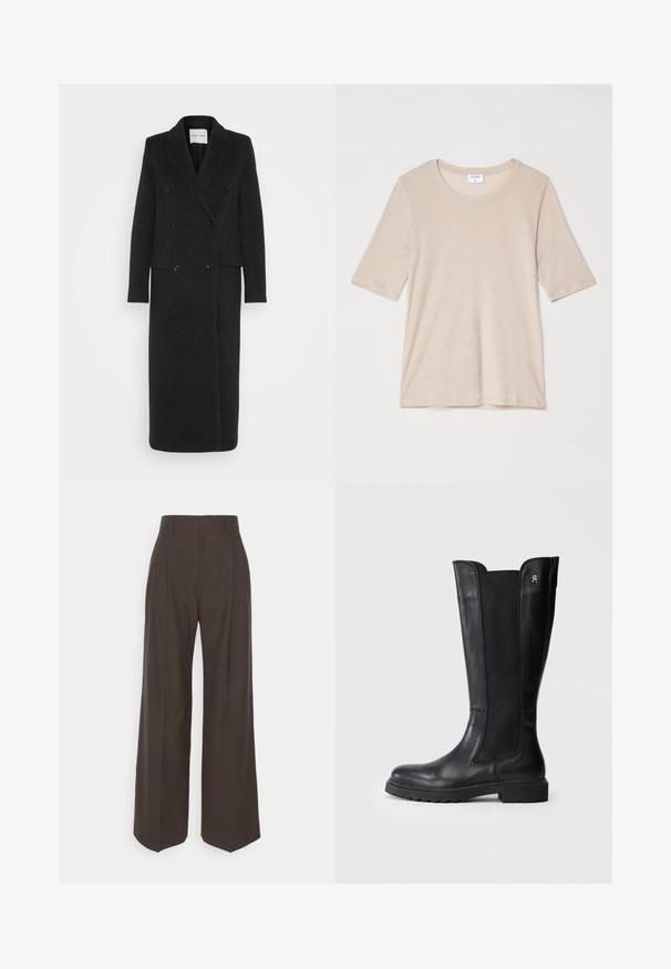 Samsøe Samsøe Klasikinis paltas - phantom; Filippa K ELENA TEE - Paprasti marškinėliai - taupe; Tamsiai rudos platėjančios kelnės su aukštu liemeniu, pasižyminčios tvarkingai prispaustomis raukšlėmis, lygia tekstūra ir pritaikytu siluetu.; Juodų odinių batų iki kelių su elastiniais šoninėmis dalimis, suapvalintu priekiu, storu padu ir mažu logotipo akcentu išorėje.