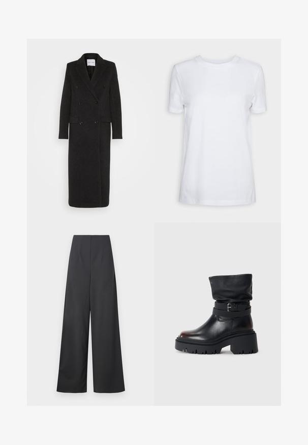 Samsøe Samsøe Klassisk frakke - phantom; Hvid kortærmet t-shirt lavet af bomuld. Rund hals design med en glat tekstur og uden synlige mønstre eller accenter. Basic stil.; Højtrukne, vide bukser i mørkegrå stof med en glat overflade. Har ingen synlige lommer eller dekorationer.; Sort læderankelstøvle med en slouchy overdel, spænde detaljer og en tyk, robust sål. Har rund tå og glat tekstur.
