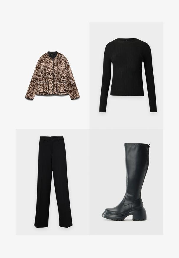 Leopárdmintás dzseki kerek nyakkivágással, fekete díszítéssel és két elülső zsebbel. Az anyag puhanak tűnik, szőrszerű textúrával.; Fekete bordázott, hosszú ujjas, testhez simuló pulóver kerek nyakkivágással, világos, egyszínű háttér előtt kiemelve.; Fekete, széles szárú nadrág sima anyagból, klasszikus derékrésszel, gombzárral és elülső redőkkel.; Magas fekete bőrcipő, vastag platform talppal és blokk sarokkal, húzófüllel és texturált profillal az outsole-on.