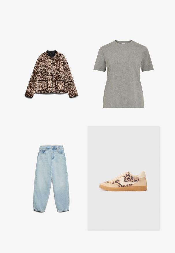 Jachetă cu imprimeu de leopard, cu decolteu rotund, margini negre și două buzunare frontale. Materialul pare moale, având o textură asemănătoare blănii.; Tricou gri din bumbac, cu gât rotund clasic, mâneci scurte și textură netedă, potrivit pentru purtarea casual.; Jeans din denim de un albastru deschis, cu o croială relaxată, talie înaltă și picioare largi, având o textură ușor decolorată și un design clasic cu cinci buzunare.; Tenisi cu imprimeu de leopard, cu partea superioară din suede bej, talpă din cauciuc maro și accente albe. Vârf rotund și design cu șireturi, cu un finisaj texturat.