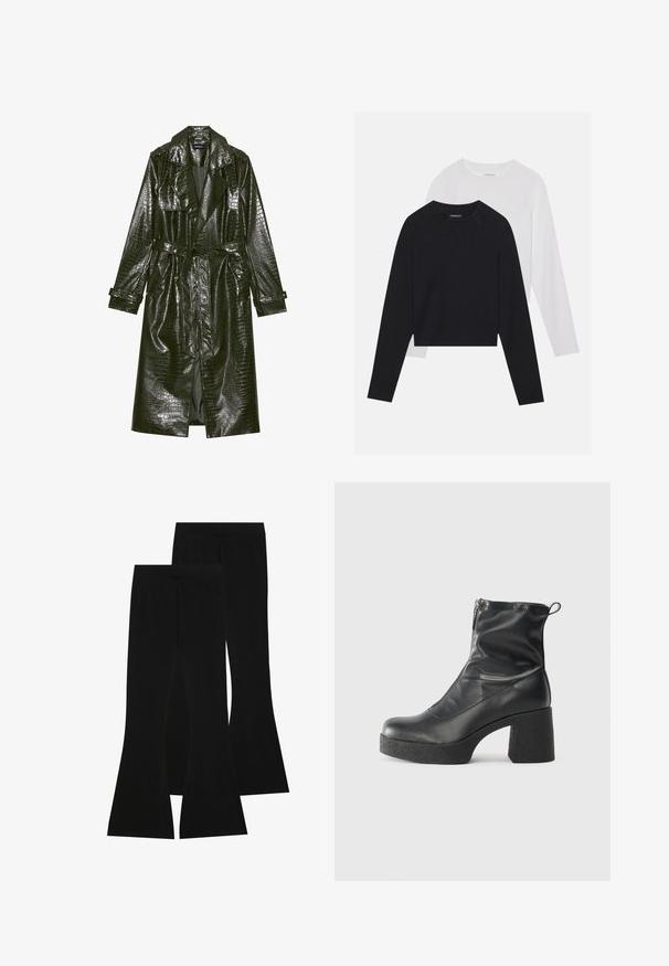 Trenci lung din piele ecologică verde, cu textură de crocodil, talie elastică, rever larg și mâneci rulabile. Design elegant cu un finisaj lucios.; Două cămăși cu mâneci lungi: una neagră și una albă. Ambele au guler rotund, mâneci raglan și sunt realizate dintr-un amestec moale de bumbac.; Pantaloni negri evazați din țesătură elastică, cu un talie înaltă și o textură fină, având un design ajustat care se lărgește de la genunchi.; Bocanci negri de glezna din piele netedă, cu fermoar lateral, toc texturat și masiv, și design cu vârf rotund.