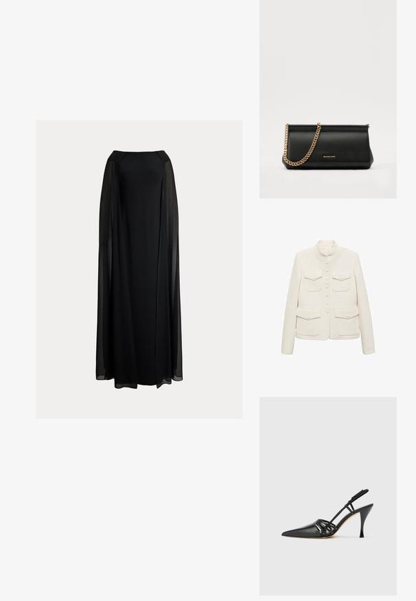 Geacă albă texturată cu guler mandarin, închidere cu șase nasturi și două buzunare frontale pentru piept. Prezintă o croială adaptată și un material neted.; Lauren Ralph Lauren CAPE CHIFFON OFF THE SHOULDER GOWN - Îmbrăcăminte de ocazie - black; Pantofii cu toc slingback din piele neagră, cu vârful ascuțit, design cu curea în cruce și toc stiletto subțire. Textură netedă și accente minime.; Plică din piele neagră cu o curea din lanț auriu, având o textură netedă, formă rectangulară și o marcă embosată pe față.