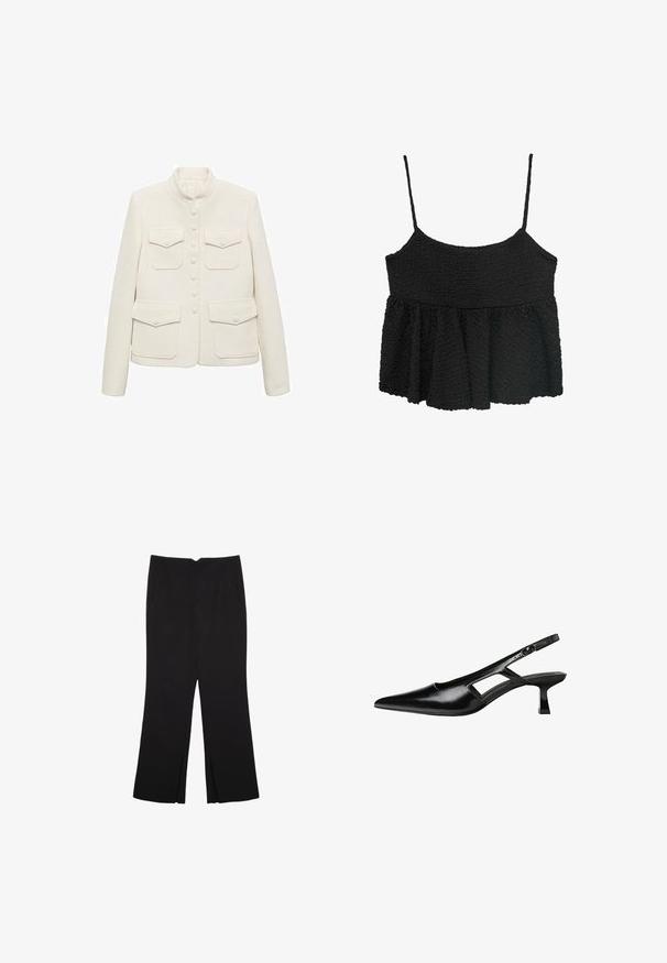 Bijela teksturirana jakna s mandarin ovratnikom, zatvaranjem na šest dugmadi i dva prednja džepa na prsima. Ima krojen kroj i glatku tkaninu.; Crni peplum top s tankim podesivim trakama. Teksturovana, naborana tkanina, priljubljen bodice, lepršavi donji deo, bez vidljivih metalnih delova ili uzoraka.; Crne hlače ravnog kroja, s prednjim džepovima i bočnim prorezima na rubu. Izrađene od mekog i glatkog materijala. Pogodne za razne prigode.; Crne lakirane natikače na remenčić sa špicastim nosom, dizajnom sa izrezima sa strane i malim kvadratnim potplatom. Glatka tekstura s minimalnim akcentima.