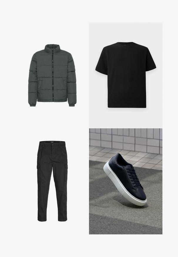 Sivi puffer jakna s visokim ovratnikom, prednjim patentnim zatvaračem i dva bočna džepa. Ima kvadratnu teksturu i elastične manžete.; Crna majica kratkih rukava od teksturiranog materijala, s okruglim izrezom i opuštenim krojem. Jednostavna, bez uzoraka ili naglasaka.; Crne cargo hlače izrađene od čvrstog materijala, s brojnim džepovima, kopčanjem na gumb i dizajnom koji pomaže da se prilagode tijelu sa suženim nogavicama.; Crne kožne tenisice s zaobljenim vrhom i bijelim gumiranim potplatom. Imaju ravne vezice i minimalno šivanje na gornjem dijelu. Teksturirani potplat za bolje prianjanje.