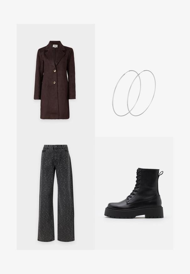 Cappotto lungo in suede marrone con rever a punta, due grandi bottoni e silhouette dritta. Texture liscia con un design minimalista.; VILA VIPEARL O NECK - Maglione - black; Noisy May NMJANNEL LOOSE - Jeans baggy - black denim; Stivaletti in pelle nera alla caviglia con punta rotonda, lace-up frontale e suola in gomma spessa con battistrada textured. Tassello sul retro.; Orecchini a cerchio in argento con un design minimalista. Forma circolare, superficie liscia e profilo sottile. Leggeri con una finitura lucida.
