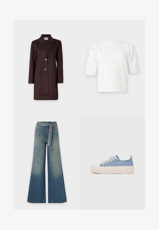 Brun semsket lang frakk med notched lapel, to store knapper og rett silhuett. Glatt tekstur med et minimalistisk design.; Hvit bomull T-skjorte med korte pufferm, med små sølvdekorasjoner langs ermene. Klassisk rund hals, avslappet passform.; Bredde ben jeans med en lyseblå til mørkeblå gradient, høyt liv, beltehemper og et matchende belte i samme stoff. Teksturert denimoverflate.; Lys blå canvastøfler med en kremfarget gummitupp og yttersåle, med hvite snørebånd og en løfteløkke på hælen.