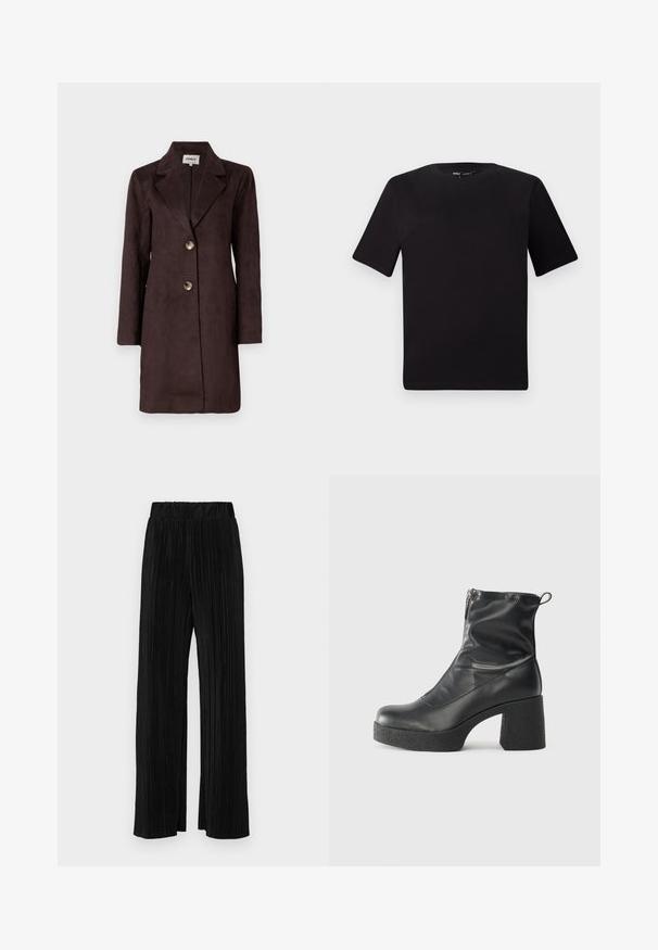 Brown suede long coat featuring a notched lapel, two large buttons, and a straight silhouette. Smooth texture with a minimalist design.; Black short-sleeve t-shirt with a round neckline, crafted from soft cotton fabric. Simple design, no visible logos or patterns.; Black pleated trousers with an elastic waistband. Features wide legs and a smooth, textured fabric with vertical stripes.; Black ankle boots made of smooth leather, featuring a side zipper, chunky textured heel, and rounded toe design.