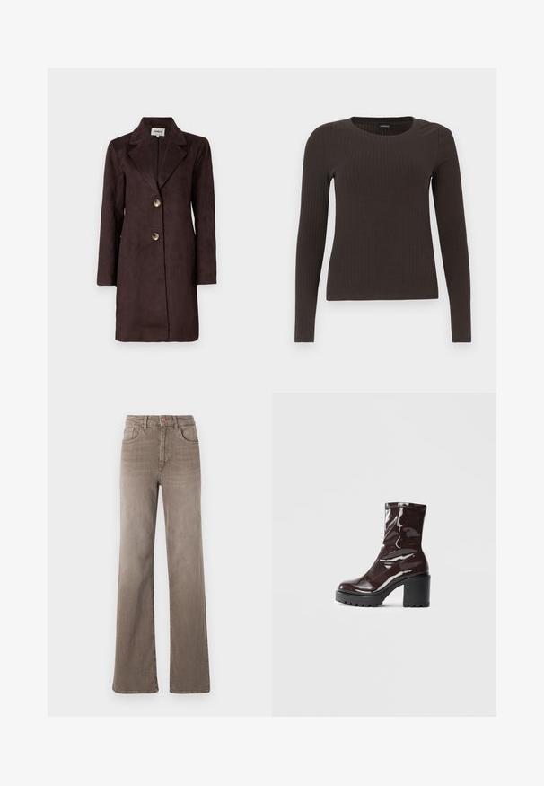 Casaco longo de camurça castanha com lapela notched, dois grandes botões e um silhueta reta. Textura suave com um design minimalista.; Top castanho de manga longa em malha com decote redondo. Feito de um material suave e elástico, apresentando um silhueta ajustada e detalhes mínimos.; Jeans castanhos de cintura alta, de perna reta, com botão frontal, passantes para cinto e design clássico de cinco bolsos em fundo branco.; Bota de tornozelo burgundy brilhante com um salto preto robusto, apresentando uma textura suave e um design simples. Sem fechos ou padrões visíveis.