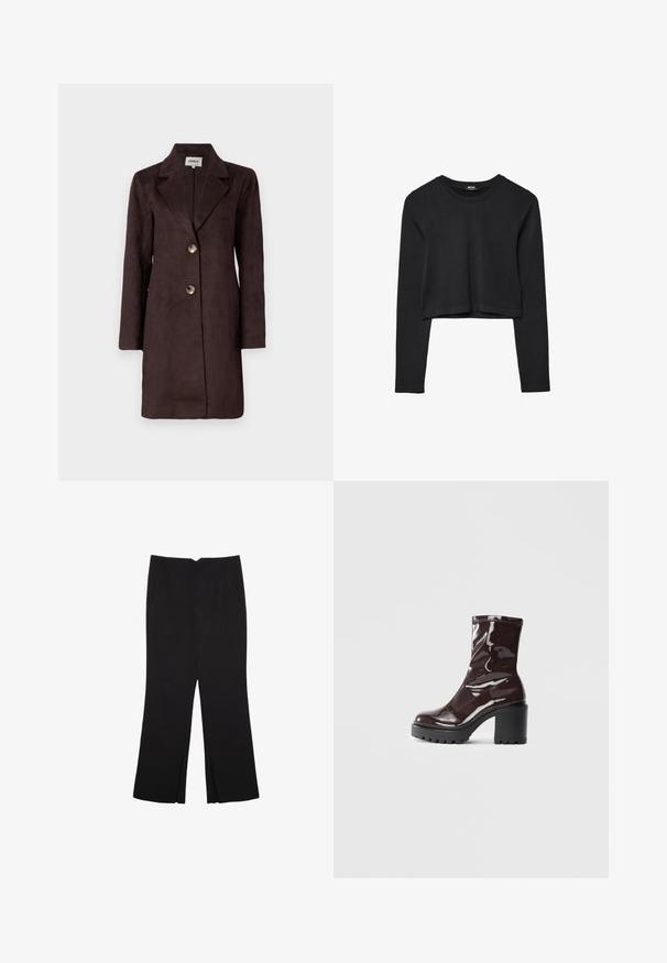 Langer brauner Wildledermantel mit Reverskragen, zwei großen Knöpfen und gerader Silhouette. Sanfte Textur mit einem minimalistischen Design.; Schwarzes, langärmliges, kurz geschnittenes Oberteil mit Rundhalsausschnitt, schlichter Gestaltung und leicht abgerundetem Saum.; Schwarze Hose mit geradem Schnitt, ausgestattet mit Fronttaschen und Seitenschlitzen am Saum. Hergestellt aus weichem, glattem Stoff. Geeignet für verschiedene Anlässe.; Glatte bordeauxrote Ankle Boots mit einem klobigen schwarzen Absatz, die eine glatte Oberfläche und ein einfaches Design aufweisen. Keine sichtbaren Verschlüsse oder Muster.
