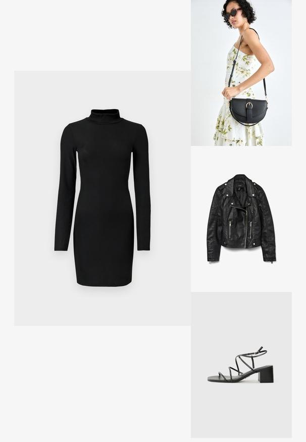 Czarna skórzana kurtka motocyklowa z zamkiem błyskawicznym z przodu i kieszeniami, zatrzaskami, pagonami na ramionach oraz teksturowanym, prążkowanym wykończeniem na rękawach.; Czarna, prążkowana sukienka z długimi rękawami i stójką, dopasowana sylwetka oraz gładka faktura. Długość do połowy uda, bez widocznych wzorów czy akcentów.; Czarne sandały na obcasie z kwadratowym noskiem, wykonane z gładkiego materiału. Mają regulowane paski na kostce oraz minimalne elementy ozdobne.; Czarna skórzana torebka o zakrzywionym kształcie, z odpinanym paskiem i złotymi akcentami. Torebka posiada klapę z zapięciem w kształcie klamry.