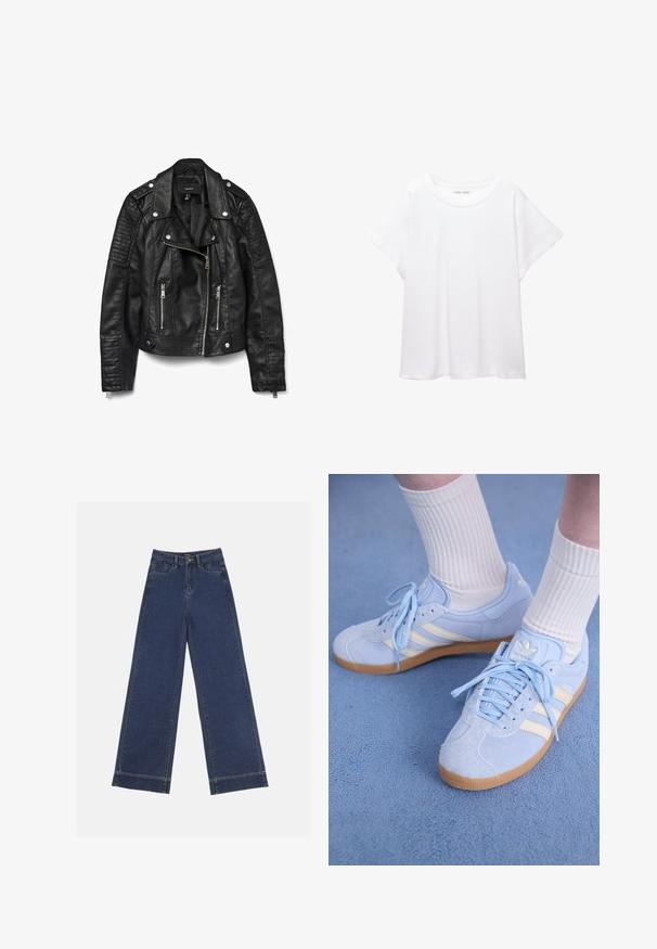 Fekete bőr motorosdzseki cipzáras elülső résszel és zsebekkel, patentos gombokkal, vállpántokkal és texturált bordázott részletekkel az ujjain.; Fehér póló, puha, könnyű anyagból készült. Kerek nyakú, rövid, széles ujjaival és laza szabásával rendelkezik. Nincsenek látható minták.; Sötétkék denim széles lábú farmernadrág. Öt zsebbel, övhurkokkal és nyers szegéllyel az alján, amelyen látható varrási részletek találhatók.; Világoskék velúr sportcipők fehér csíkokkal, lapos fűzőkkel és gumi talppal. Domború fehér zoknik vannak viselve a boka felett.