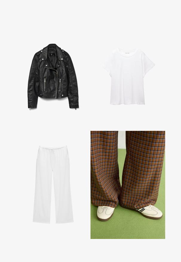 Giacca da motociclista in pelle nera con chiusura frontale e tasche con cerniera, bottoni a pressione, spalline e dettagli a coste testurizzate sulle maniche.; T-shirt bianco realizzato in un tessuto morbido e leggero. Presenta un collo rotondo e maniche corte e larghe con vestibilità morbida. Nessun motivo visibile.; Pantaloni bianchi a gamba larga realizzati in un tessuto morbido, con vita elastica dotata di cordino e due tasche laterali. Design semplice e pulito.; Pantaloni a pieghe larghi a quadri marroni e blu abbinati a scarpe bianche con dettagli neri e suole testurizzate, posizionati su uno sfondo verde.