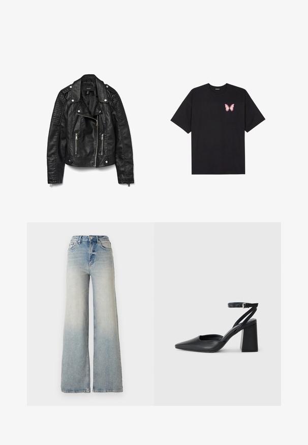 Črna usnjena motoristična jakna z zadrgo spredaj in žepi, patentnimi gumbi, ramenimi rankami ter teksturiranimi rebrastimi detajli na rokavih.; Črna bombažna majica s kratkimi rokavi, ki ima majhen roza metuljček na levi strani prsnega dela. Majica s krožnim ovratnikom in sproščenim krojem.; Svijetloplave široke traperice s visokim strukom, koje imaju pet džepova i vidljivo šivanje uz šavove.; Črne usnjene klasične čevlje z ostrim nosom, z zaponko za gleženj in debelim peto. Ravna tekstura, eleganten dizajn in minimalistična estetika.