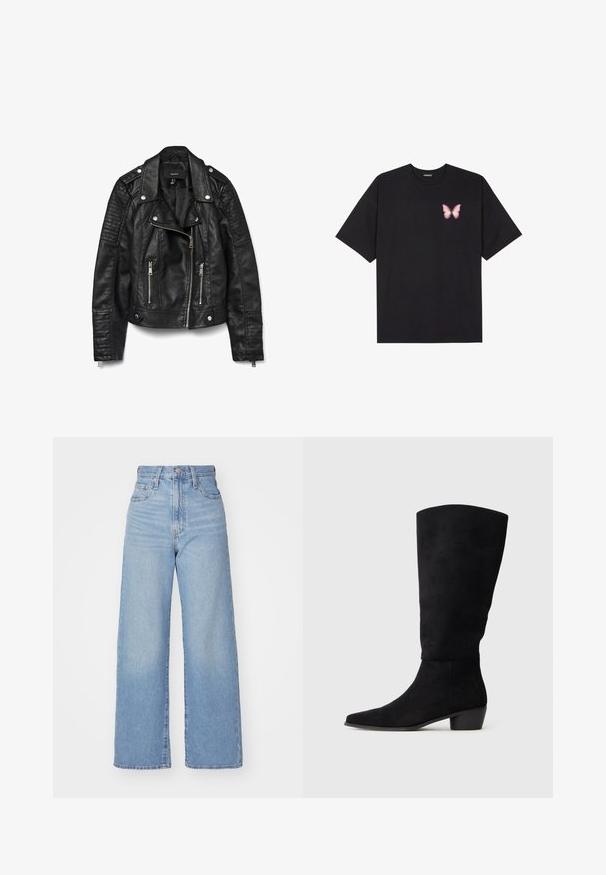 Juoda odinė motociklininko striukė su užtrauktuku priekyje ir kišenėmis, spaudėmis, petnešomis ant pečių ir tekstūruotais dryžuotais rankovių detalėmis.; Juodas medvilnės marškinėliai trumpomis rankovėmis, su maža rožine drugelio grafika kairėje krūtinės pusėje. Apvalus kaklo iškirpimas, laisvas kirpimas.; Šviesiai mėlynos aukšto liemens plačios kojos džinsai su priekiniais užtrauktukais ir sagom, priekinėmis ir galinėmis kišenėmis, ant baltos fono.; Juoda zomšinė iki kelio batai su žemu blokiniu kulnu ir smailiu pirštu, pateikta šoninėje pusėje ant paprasto šviesiai pilko fono.