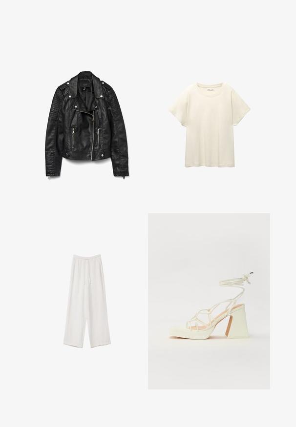 Černá kožená motorkářská bunda se zipem vpředu a na kapsách, zapínáním na druky, ramenními nášivkami a texturovanými žebrovanými detaily na rukávech.; Svetle béžové tričko s krátkým rukávem a kulatým výstřihem, vyrobené z jemné, hladké tkaniny. Má uvolněný střih a rovný lem.; Bílé široké kalhoty vyrobené z lehké tkaniny. Mají elastický pas se šňůrkou a boční kapsy. Hladká textura.; Bílé sandály na vysokém podpatku s robustním podpatkem, s designem s pásky a zavazováním kolem kotníku. Hladký povrch s platformou vpředu pro zvýšení výšky.