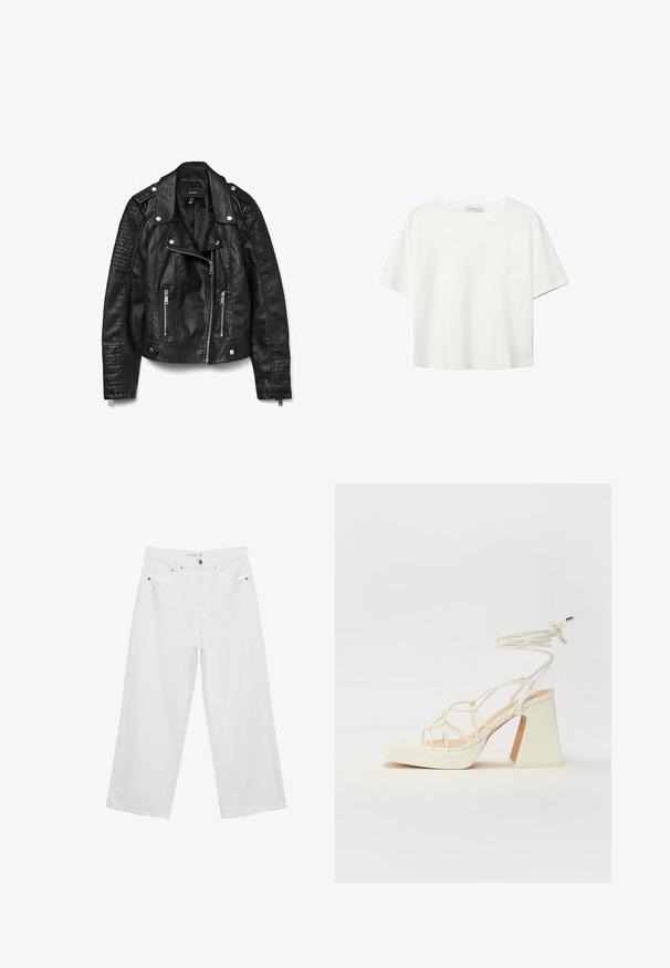 Černá kožená motorkářská bunda se zipem vpředu a na kapsách, zapínáním na druky, ramenními nášivkami a texturovanými žebrovanými detaily na rukávech.; Bílý krátký rukáv tričko vyrobené z bavlny. Má kulatý výstřih a volný střih. Hladký materiál bez viditelných vzorů nebo akcentů.; Bílé široké džíny z denimu s vysokým pasem, které mají pět kapes a kovové ozdoby. Hladký povrch, bez viditelných vzorů.; Bílé sandály na vysokém podpatku s robustním podpatkem, s designem s pásky a zavazováním kolem kotníku. Hladký povrch s platformou vpředu pro zvýšení výšky.