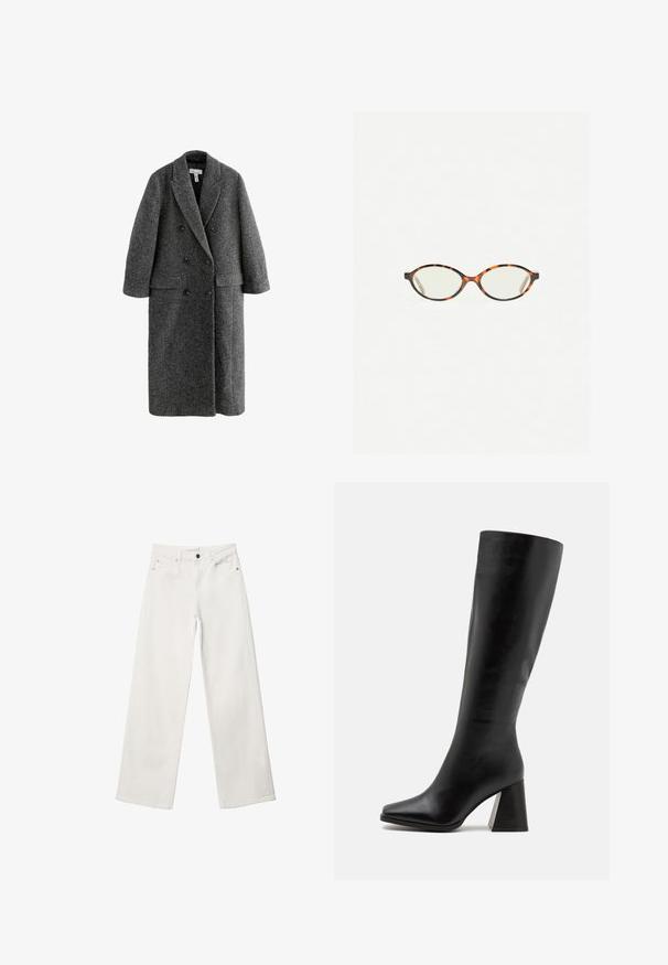 Manteau double boutonnage en mélange de laine gris, avec un col cranté, des manches larges et deux poches avant. Fini texturé sur l'ensemble.; Cardigan à manches longues bleu clair en tricot doux, avec un col rond et une patte de boutonnage à l'avant avec des boutons assortis.; Débardeur sans manches de couleur jaune clair, en tissu côtelé. Il présente un col rond et une coupe droite, sans motifs ni embellissements visibles.; Jean blanc ample en denim, avec une taille haute, un design à cinq poches et une fermeture à bouton en métal. Texture lisse, sans motifs.; Cuissardes noires en cuir lisse, avec un bout carré et un talon épais et texturé. Design simple et épuré.; Lunettes en écaille de tortue avec des verres ovales et une finition lisse et élégante. Présente des branches fines avec une courbure subtile au niveau des tempes. Verres transparents.; Pieces PCALUANA SHOULDER BAG - Sac à main - black