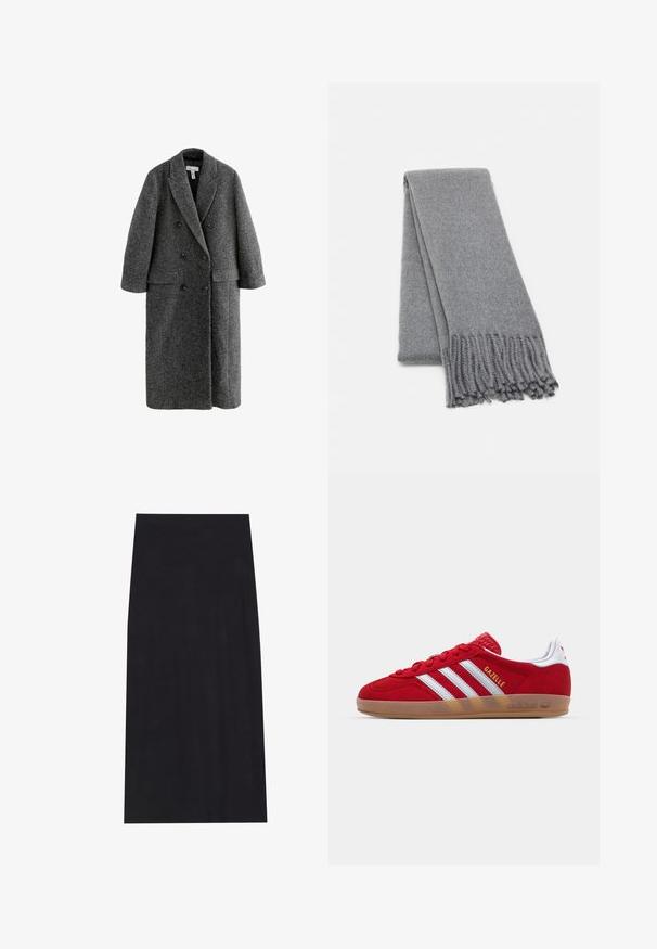 Cappotto doppiopetto in misto lana grigio con colletto a scollo, maniche ampie e due tasche anteriori. Finitura testurizzata su tutta la superficie.; Maglione off-the-shoulder grigio scuro con maniche lunghe, scollatura a costine e tessuto a maglia testurizzato. Design cropped.; Gonna nera midi realizzata in un morbido e elasticizzato tessuto. Presenta una silhouette dritta e una vita elasticizzata per una vestibilità comoda.; Sneaker in suede rosso con design a tre strisce bianche e testo "Gazelle" in oro. Presenta una suola in gomma color cuoio e un tallone testurizzato.; Sciarpa in lana grigia con una consistenza morbida, caratterizzata da bordi frangiati e un design semplice. Piegata ordinatamente, mette in risalto la sua forma allungata.