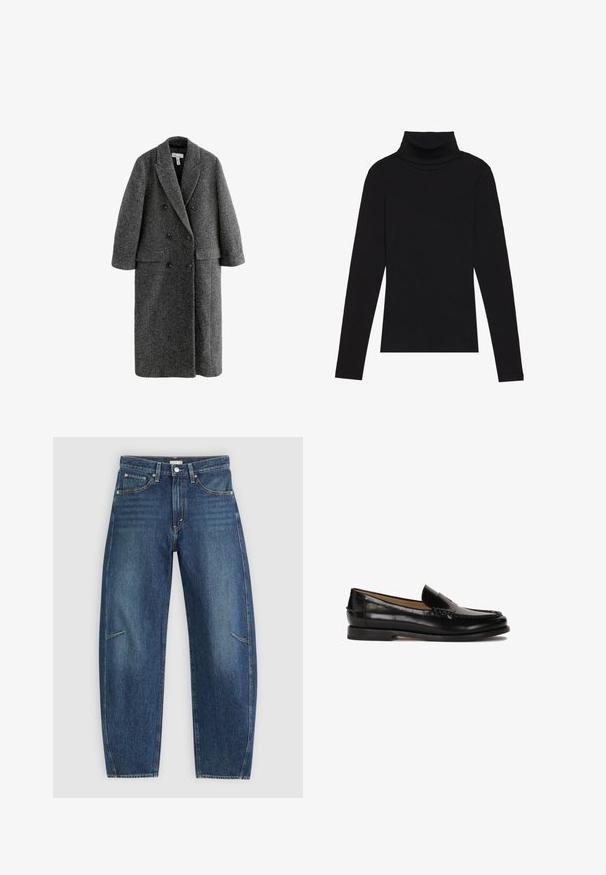 Szary płaszcz podwójnie zapinany, wykonany z mieszanki wełny, z zapięciem na klapy, szerokimi rękawami i dwoma kieszeniami z przodu. Całość o fakturowanym wykończeniu.; Czarna bluzka z długim rękawem i kołnierzem typu stójka, wykonana z prążkowanej tkaniny, charakteryzuje się dopasowanym krojem, wysokim dekoltem oraz brakiem wzorów i zdobień.; Ciemnoniebieskie dżinsy o prostym kroju, z przednimi kieszeniami, kontrastowym szwem i delikatnie wyblakłą strukturą na nogawkach.; Czarne skórzane mokasyny z okrągłym noskiem, łatwe do zakładania, z subtelnymi przeszyciami wzdłuż cholewki. Płaska gumowa podeszwa.