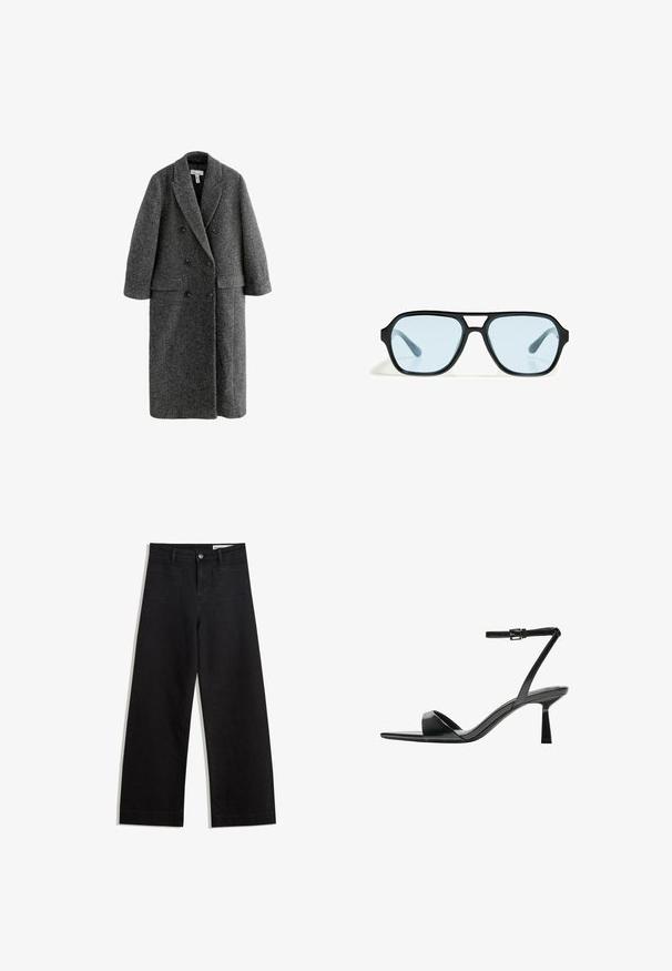 Grijze wolmix dubbelzijdige jas met een reverskraag, ruime mouwen en twee voorzakken. Geweven afwerking overal.; Zwarte korte mouwen t-shirt gemaakt van zachte stof, met een ronde halslijn en een ontspannen pasvorm, met een gladde textuur en zonder patronen.; Zwarte denim broek met wijde pijpen en een hoge taille, voorzien van voor- en achterzakken, gestikte naden en een knoopsluiting. Gladde textuur.; Bershka Sandalen met hoge hak - black; Zwarte zonnebril met rechthoekige monturen, blauwgetinte lenzen en een onderscheidend brugontwerp. Strakke afwerking, ingetogen textuur.