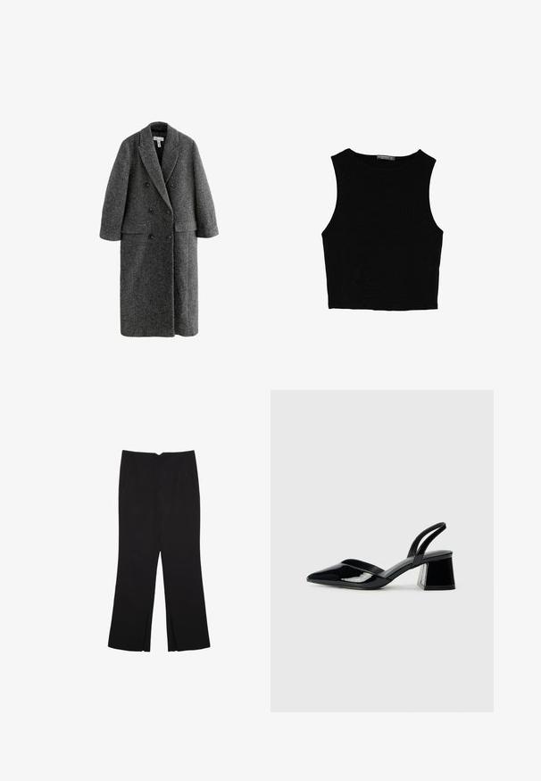 Grau meliertes, doppelt geknöpftes Sakko mit Reverskragen, weiten Ärmeln und zwei Fronttaschen. Strukturierte Oberfläche.; Schwarzes ärmelloses Crop-Top aus glattem Stoff, mit rundem Ausschnitt und einem klaren, schlichten Design ohne Muster oder Beschläge.; Schwarze Hose mit geradem Schnitt, ausgestattet mit Fronttaschen und Seitenschlitzen am Saum. Hergestellt aus weichem, glattem Stoff. Geeignet für verschiedene Anlässe.; Schwarze Lackleder-Slingback-High Heels mit spitzem Schuh und einem geometrischen Blockabsatz. Verfügt über ein schlankes, minimalistisches Design und eine glatte Textur.